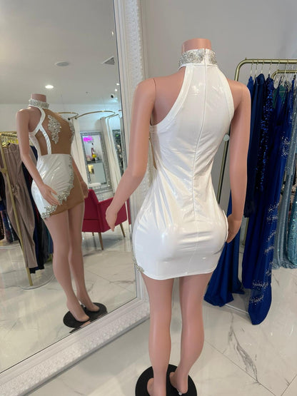 Plot Twist Faux Leather Rhinestones Mini Dress White