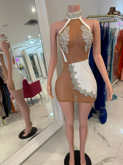 Plot Twist Faux Leather Rhinestones Mini Dress White