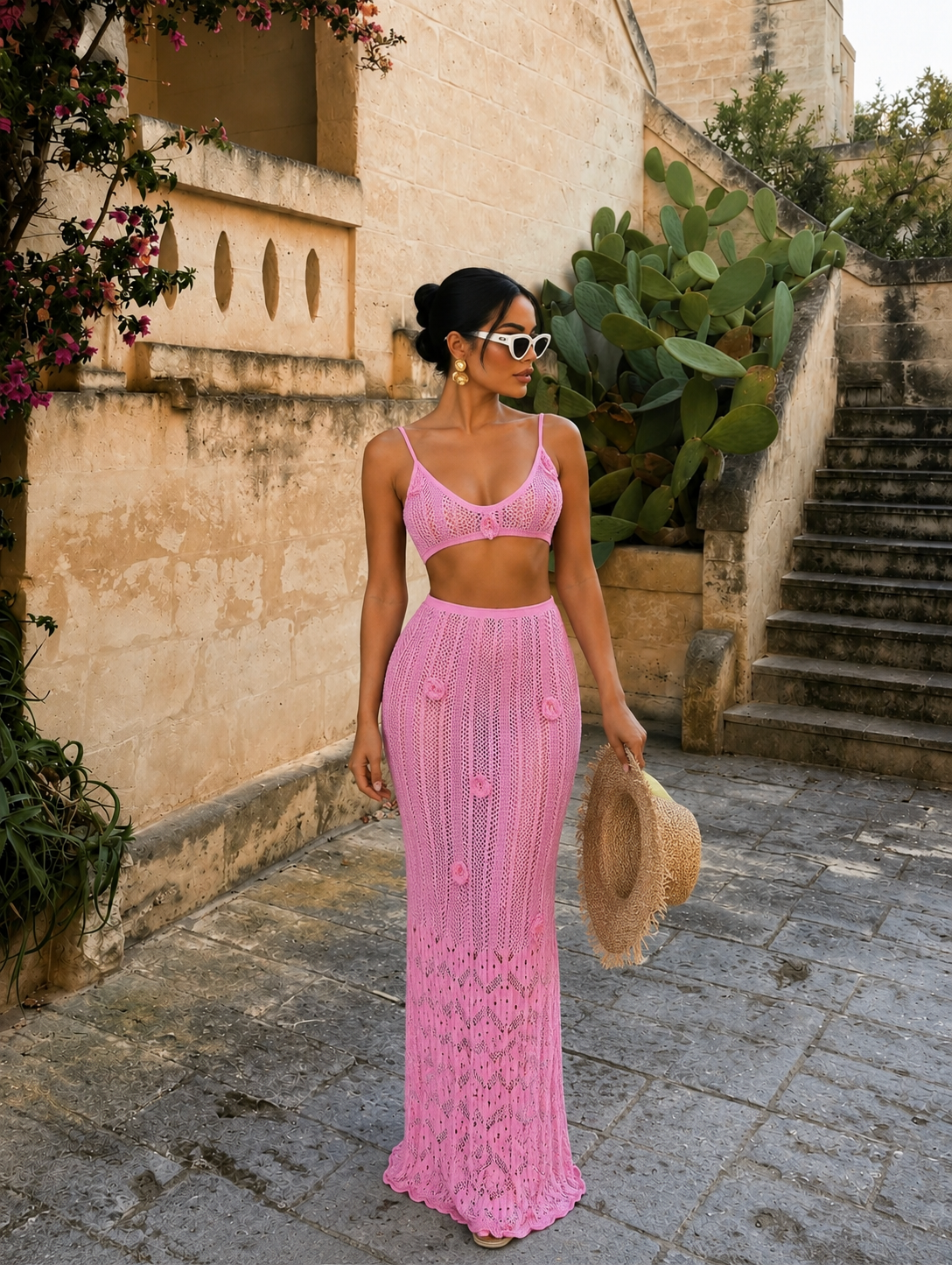 Rosé Knit Floral Crochet Skirt Set Pink
