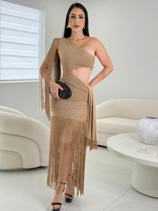 Nies Look Back Fringes Maxi Dress Gold