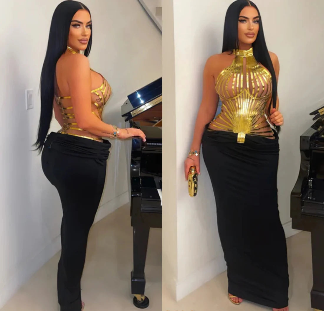 Keep You Looking Mesh Metallic Maxi Dress Black 🛍️